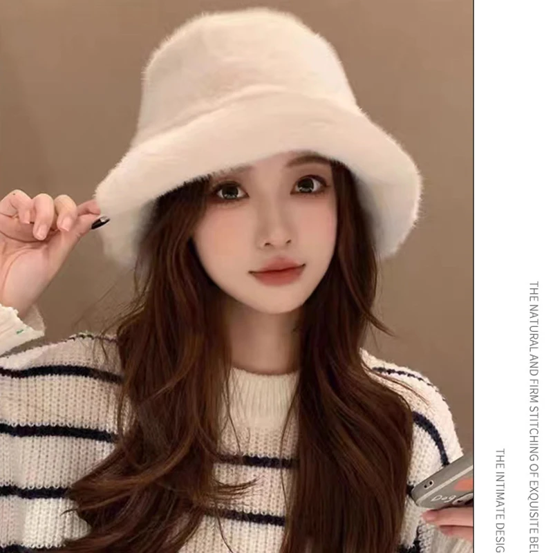 Rabbit Fur Bucket Hat for Women Fashion Autumn Winter Warm Thickened Fisherman Hat Russian Outdoor Hat Warm Trooper Trapper Cap