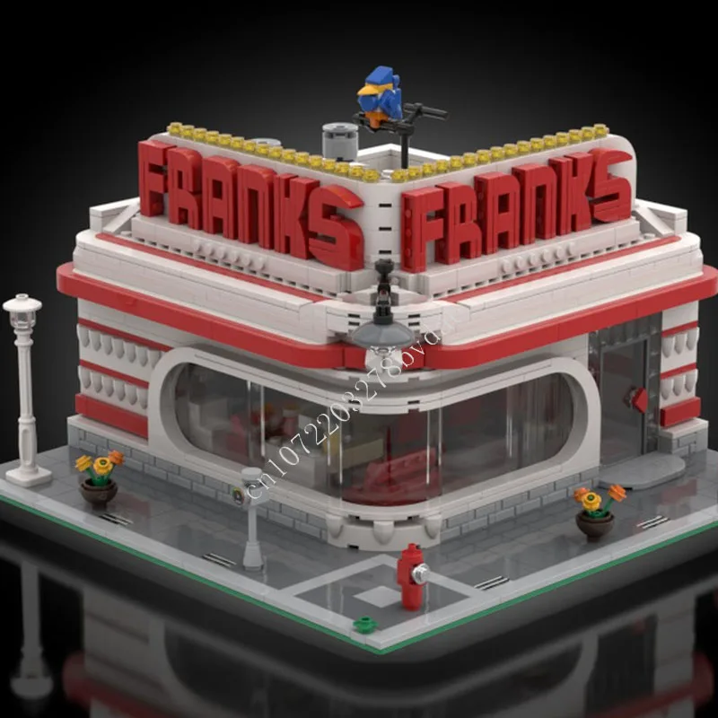 

1345 шт., Frank's Corner Diner MOC, креативная модель с видом на улицу, строительные блоки, архитектура, сделай сам, образование, сборная модель, игрушки, подарки