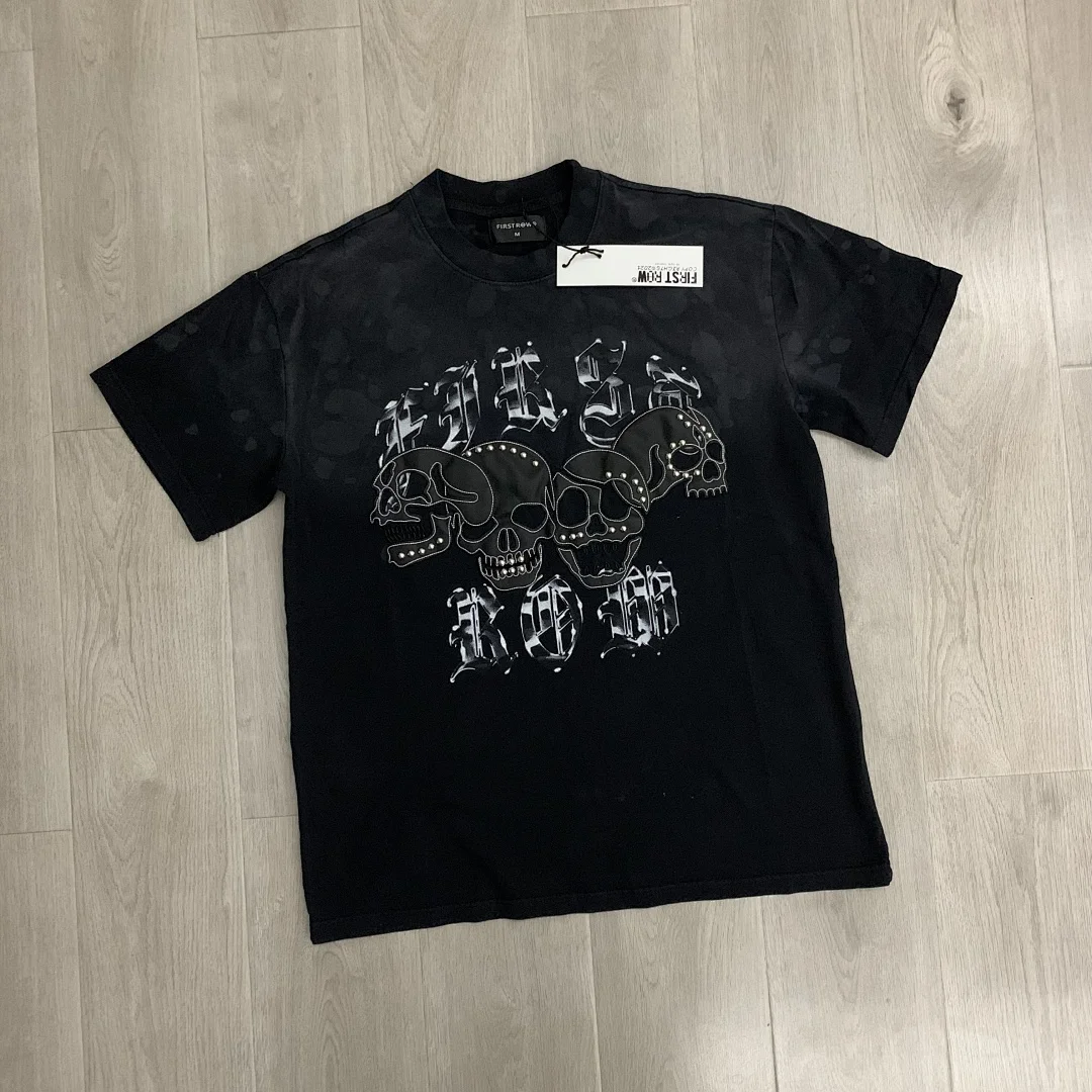 Y2K Rhinestone Multi Skulls Graphic T Shirt Men Gothic FIRST ROW Vintage Nice Wash Oversized Streetwear Loose Short Sleeve Tees