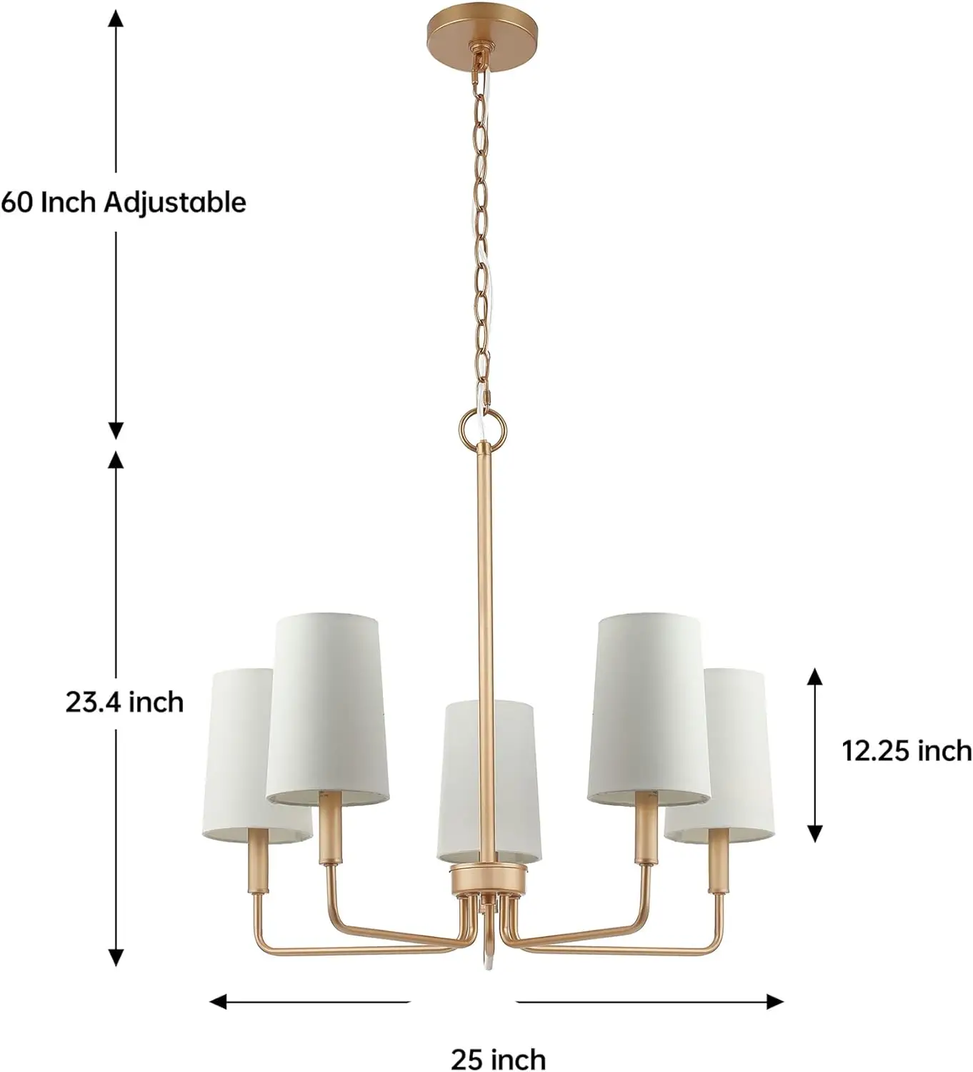 Chandelier Lighting Fixture, 5-Light Modern Island Light for Kitchen Dining Room, Muted Gold Finished with White Fabric Shade