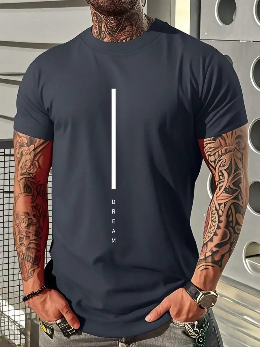 

Mens Casual T-Shirt With Vertical Line Script Logo, 180g 100% Cotton