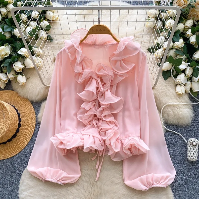 

French-style Elegant V-neck Lace-up Ruffle Trim Long-sleeve Chiffon Blouse For Women, Chic Unique Top for Autumn