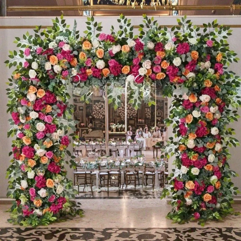 

New Design Roll up Cloth Back Artificial Faux Decorative Green White Rose pink Flowers square Arch for Wedding Backdrop