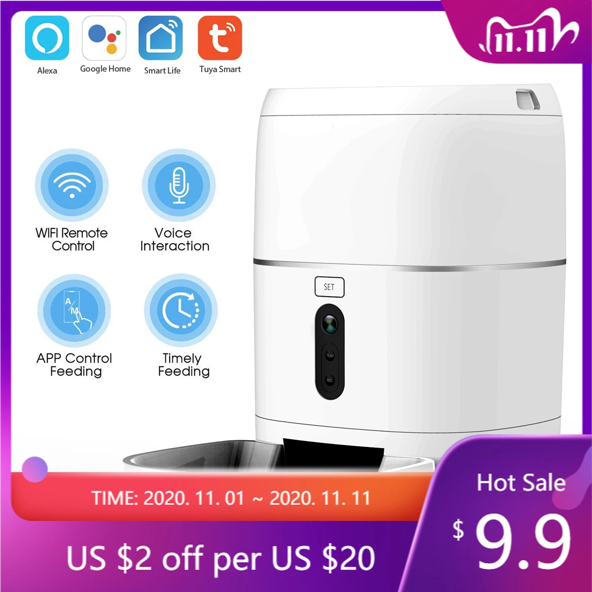 

RSH 1080P Tuya Smart Wifi Automatic Pet Feeder Remote Mobile Control 6L Food Dispenser for Cats & Dogs Support Time Setup