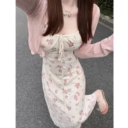 New Korean Fashion Holiday 2 Piece Dress Set Beach Flroal Sleeveless Midi Dress + Casual Short Cardigan Spicy Girls Elegant Suit