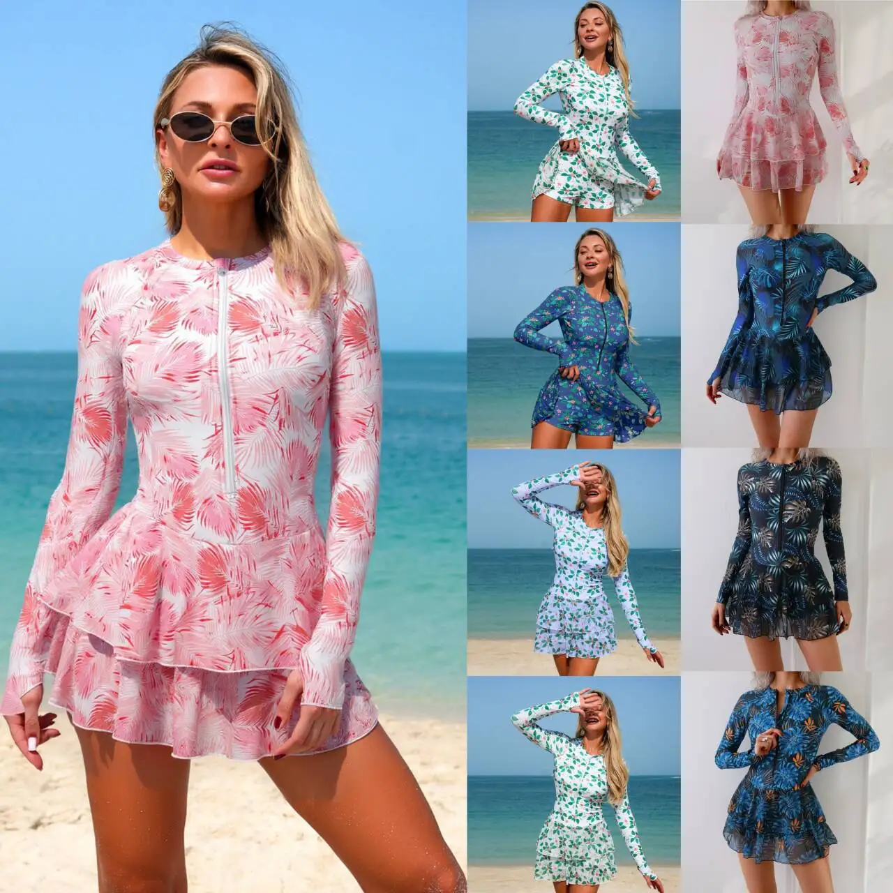 

New Summer Women's Fashion Printed Long Sleeve Sunscreen Skirt Conservative Split Swimsuit