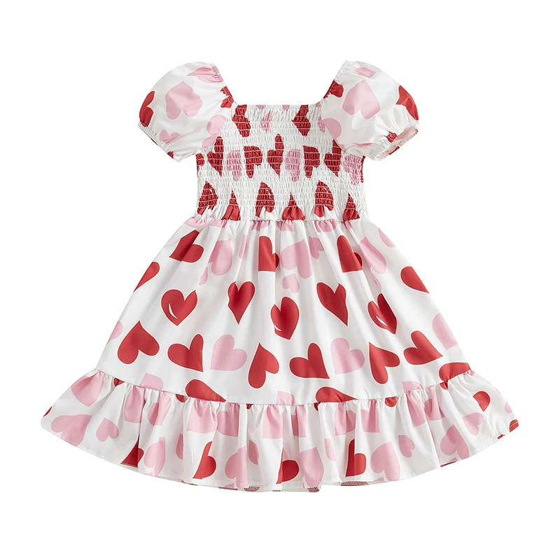 Toddler Girls Valentine s Day Dress Heart Print Square Neck Short Sleeve Ruffled A-Line Spring Dresses