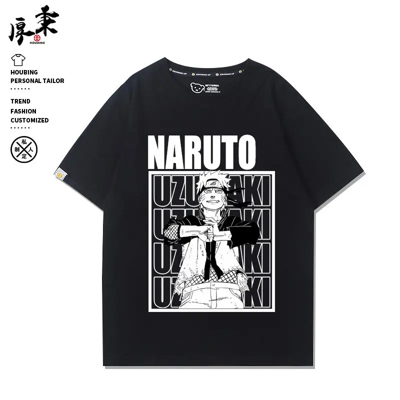 Black Japanese Children's T-shirt Naruto Sasuke Sakura Peripheral Pure Cotton Double-sided Printed Parent-child Casual T-shirt