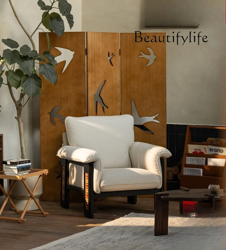 

Yunsha chair intangible cultural heritage bamboo woven single cotton and linen fabric sofa French retro solid wood leisure chair