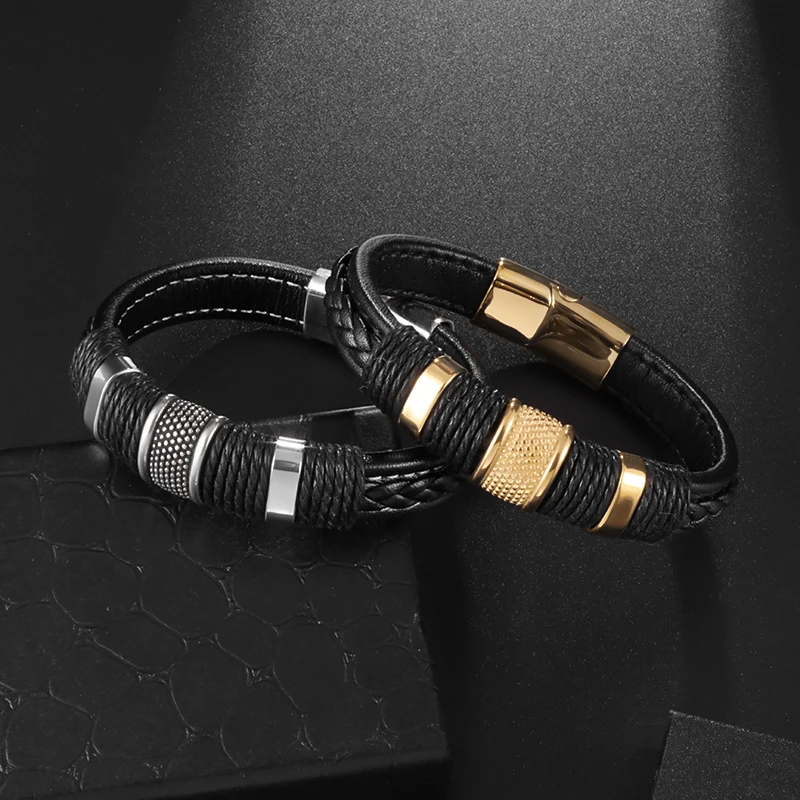 Classic Black Woven Leather Wrap Bracelet for Men Gold Color Metal Magnetic Clasp Birthday Gift