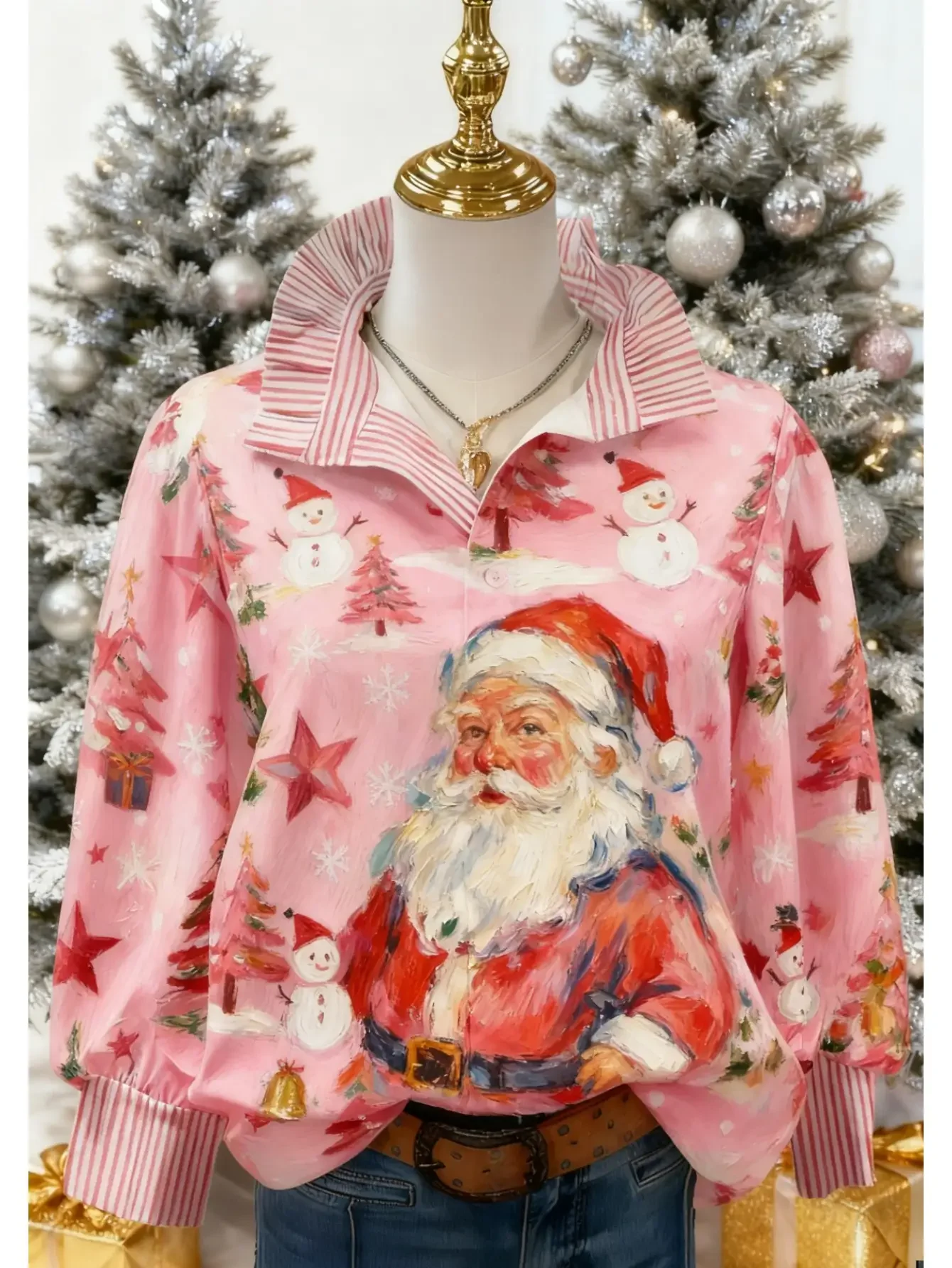 Women's plus size floral print stand up collar shirt, stand up collar style, personalized fashion pattern, 