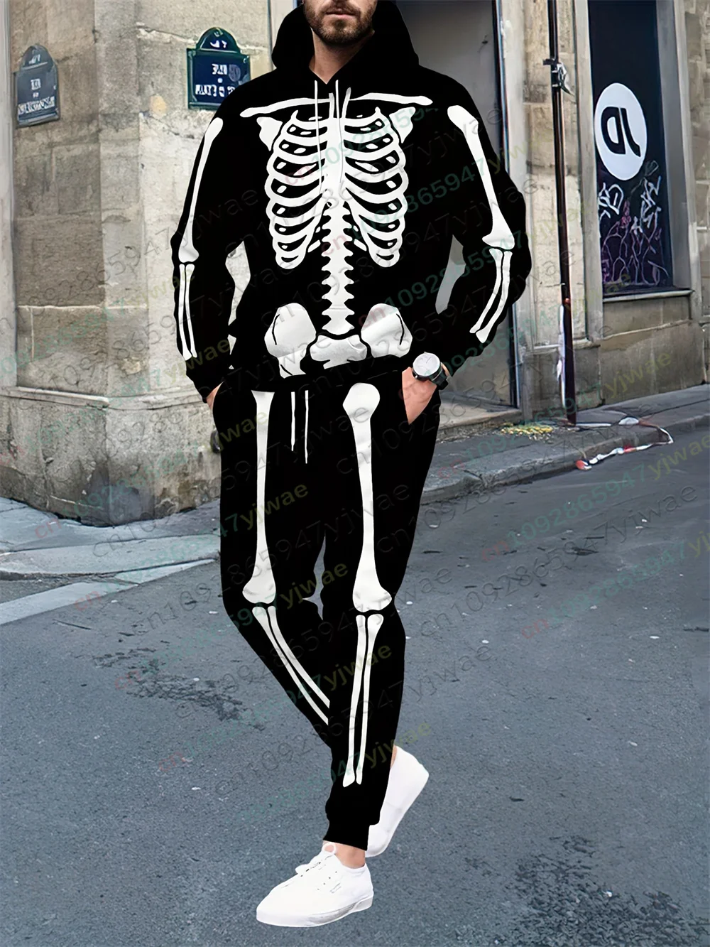 Men'S 2-Piece Halloween Skull 3d Printed Set Fashionable Casual Hoodie Sports Pants Autumn Winter Comfortable Street Clothing