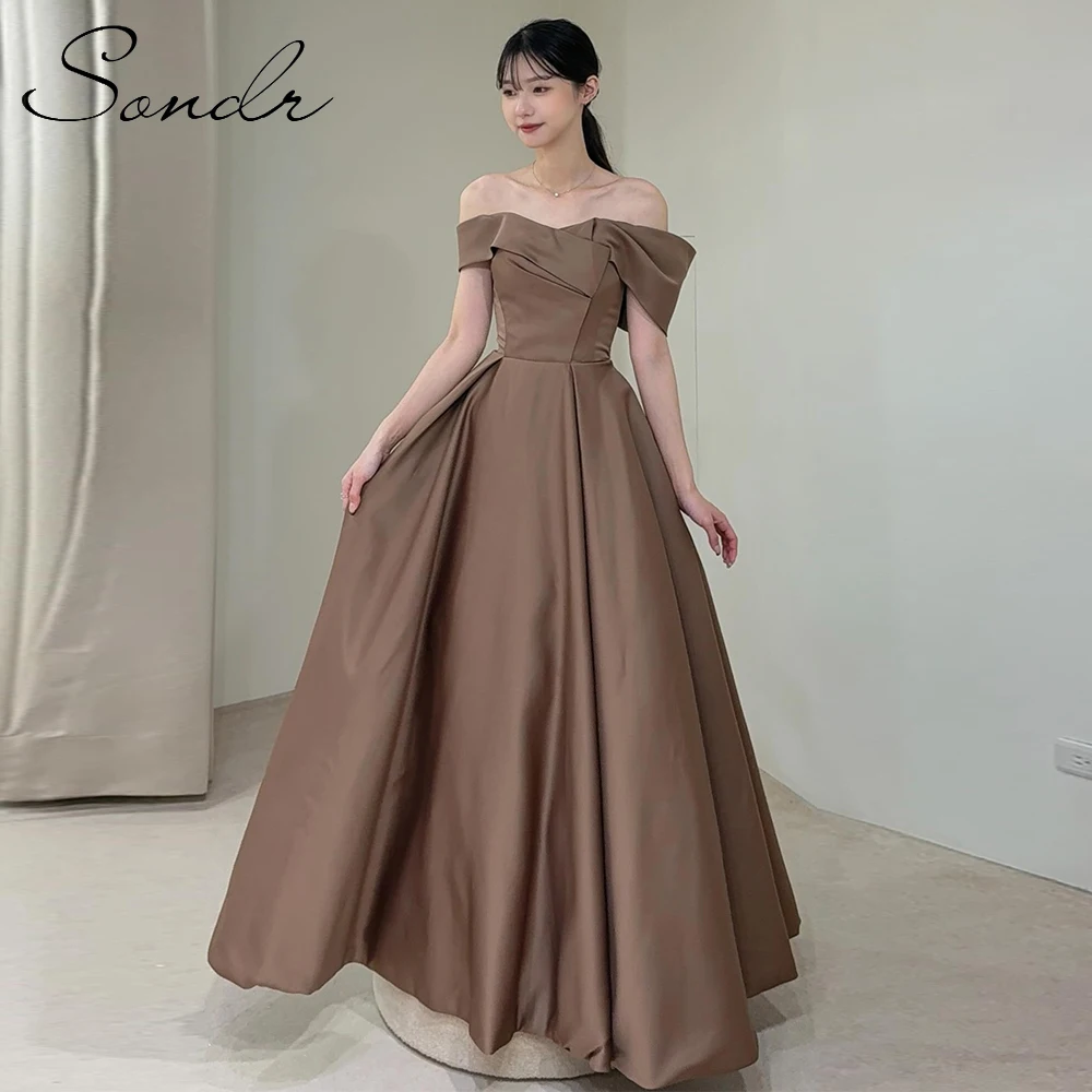

Sondr Chocolate Evening Dresses Satin Customized Korean Party Dresses Off the Shoulder Elegant Prom Dresses Performance Gown