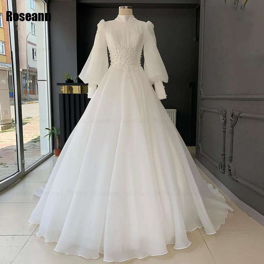 

Muslim Ivory Fashion A-line Wedding Dresses Pearls Button Full Draped Pleat Brush Train Floor Length Bride Dress robe de mariée