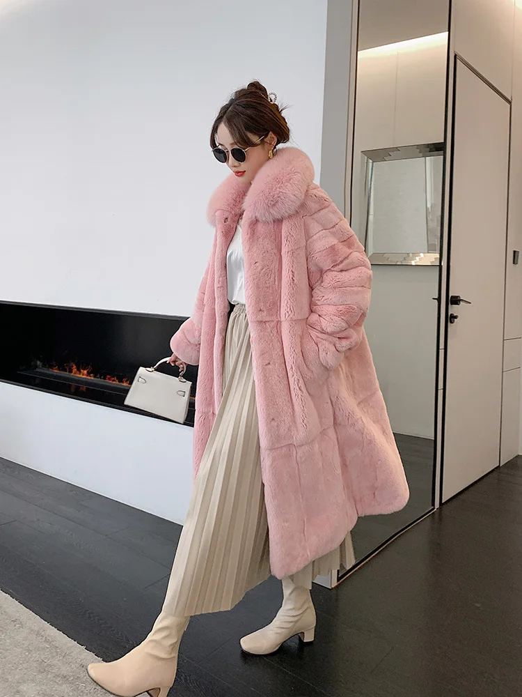 

2023 Autumn and Winter Women's Rex Rabbit Fur Water Pink Long Coat Imported Fur Integrated Fox Fur Collar