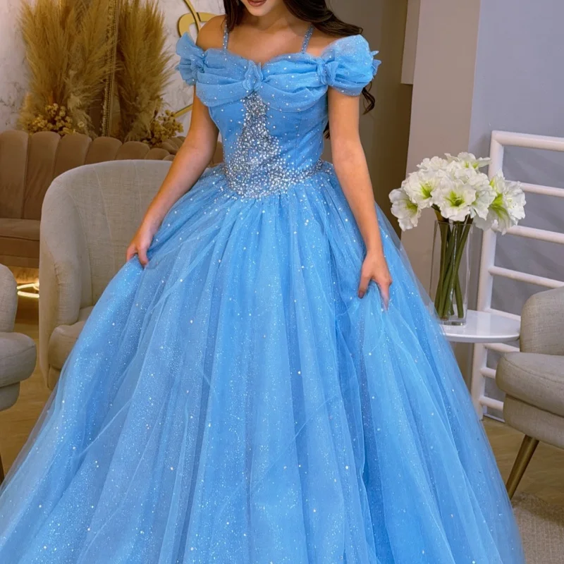 

Shiny Light Blue Quinceanera Dresses Off the Shoulder Crystal Butterfly Decal Long tail Vestido De 15 Quinceanera Customize