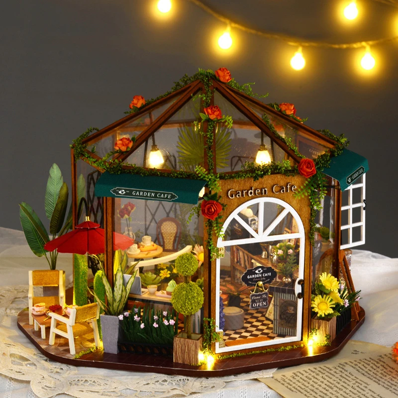 DIY Wooden Miniature Model Kit Flower Garden Cafe Cottage 3D Puzzle Dollhouse With Furniture Lights Casa for Friends Gifts