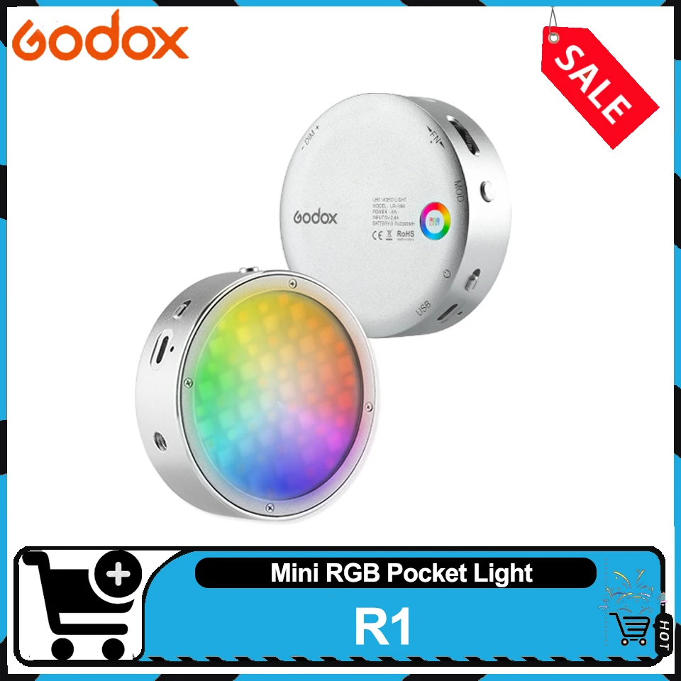Godox R1 Okrągłe Mini Światło RGB z Kreatywnymi Efektami, Wbudowane 14 Efektów Specjalnych, 2500-8500K, Kieszonkowe Światło do Vlogów