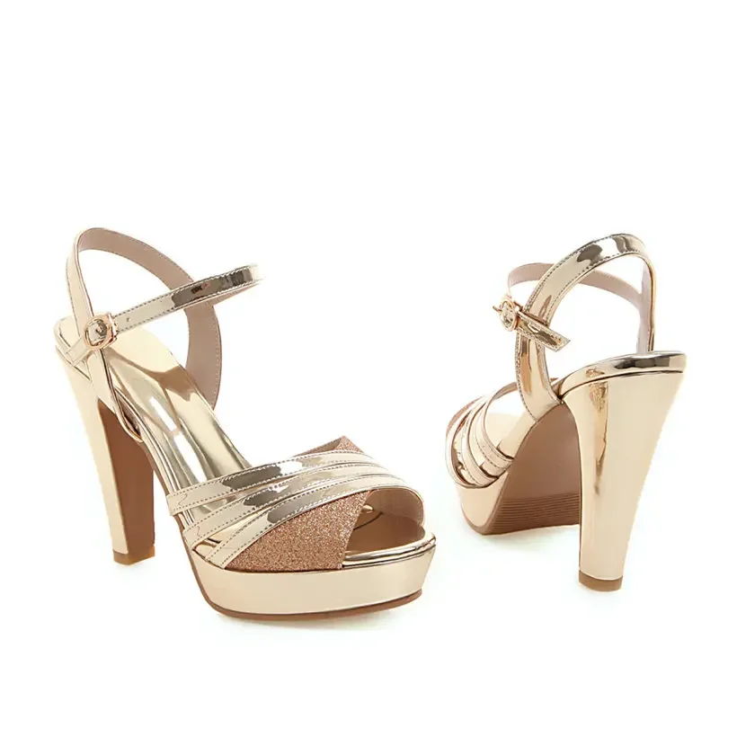 Silver Wedding Shoes Women Platform Sandals High Chunky Heels Party Office Ankle Strap Summer Gold Glitter Lady Gladiator Shoes