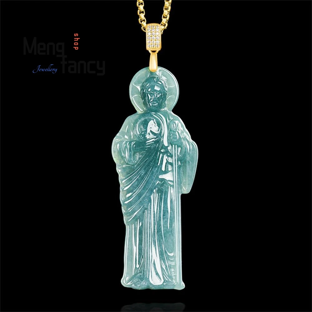 

S925 Silver Buckle Genuine Natural A-grade Jadeite Blue Water St. Jude, the Disciple Jade Pendant High-grade Luxury Fine Jewelry