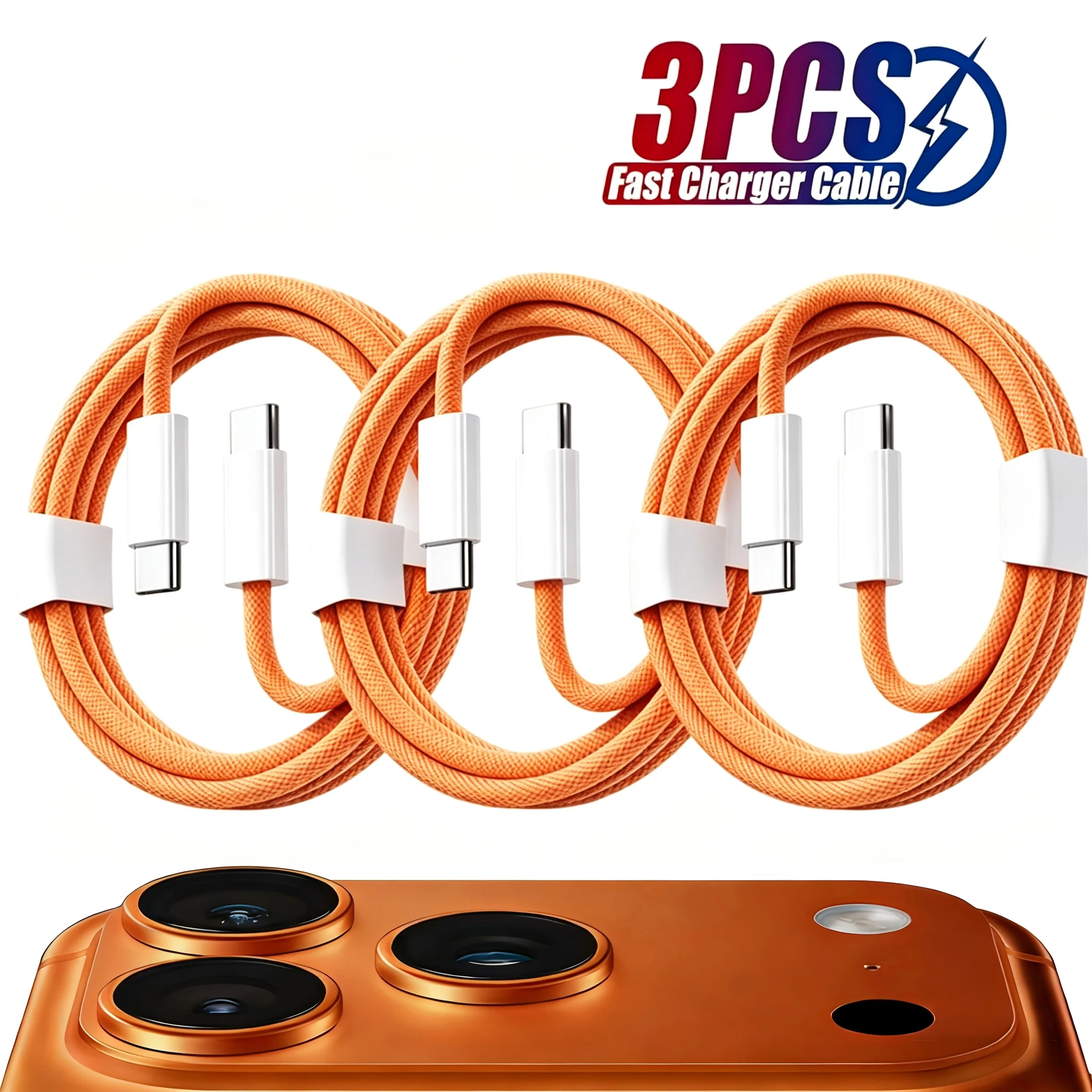 3PCS 60W Fast Charger Cable For iPhone 17/16/15 Pro USB C to Type C Charging Color Braided Data Cable For Huawei Xiaomi Samsung