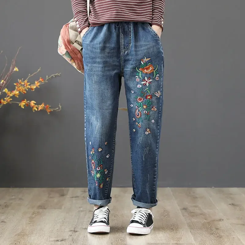 2024 Spring New Embroidery Jeans Women Clothing Elastic Streetwear Loose Denim Pants Vintage High Waisted Baggy Mom Jeans Q5759