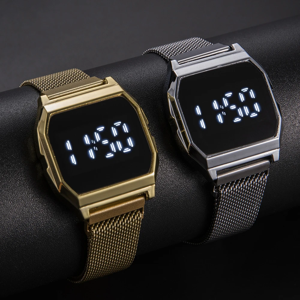 Luxury LED Digital Watches for Men Waterproof Metal Mesh Band Electronic Clock Fashion Gold Sliver Men Watch Gift Reloj Hombre