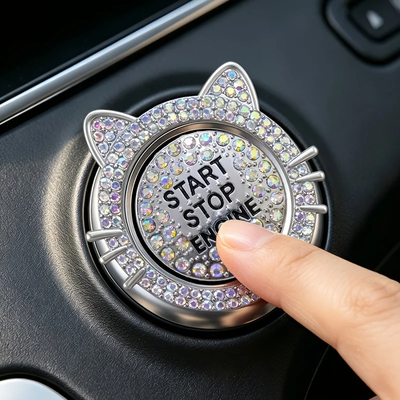 1 Set (Outer Ring + Inner Cover) Cute Cat Ear Car Push Start Button Cover, Bling Rhinestone Ignition Button Protector, Univer