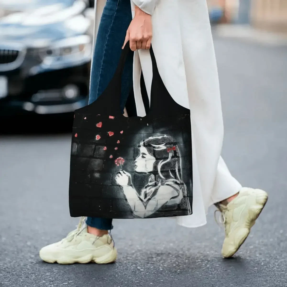 Tas Belanja Gadis Yang Dapat Digunakan Kembali Meniup Hati Oleh Banksy Tas Tote Kanvas Bahu Bahan Makanan Seni Jalanan Grafiti Portabel