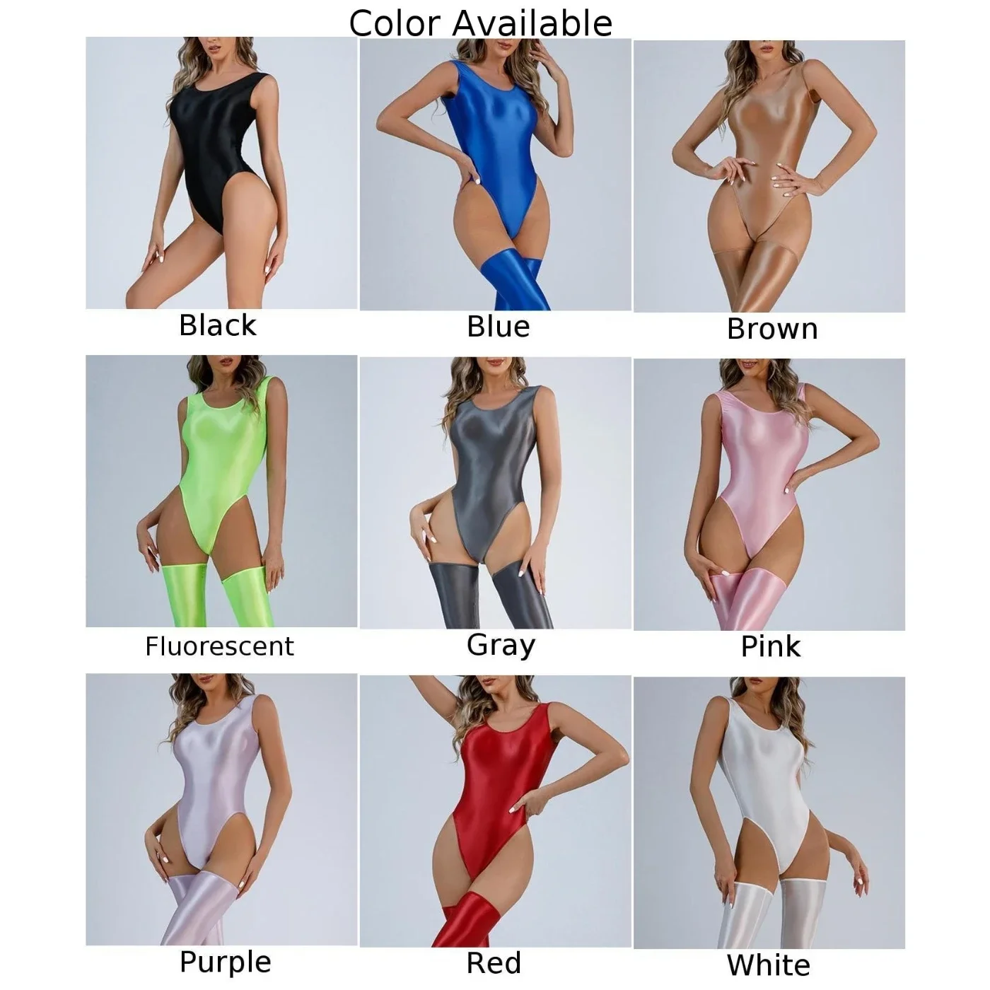 Women Oil Glossy Swimsuit High Cut Backless Thong Bodysuit Shiny Solid Color Leotard Clubwear Tight Ladies Bodysuits