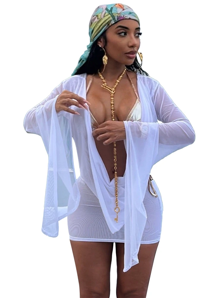 Modische Frühlings-Freizeitkleider für Damen, Transparentes Mesh-Kleid mit Tiefem V-Ausschnitt, Rückenfreies Langes Kleid mit Ausgestellten Ärmeln, Wickelkleid, Minikleid – Detail 3