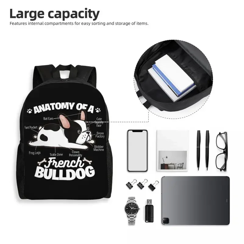 3D-Druck Anatomie einer französischen Bulldogge Rucksäcke für Mädchen Jungen Haustier Tier Hund Schule College Taschen Bücher tasche passt 15 Zoll Laptop