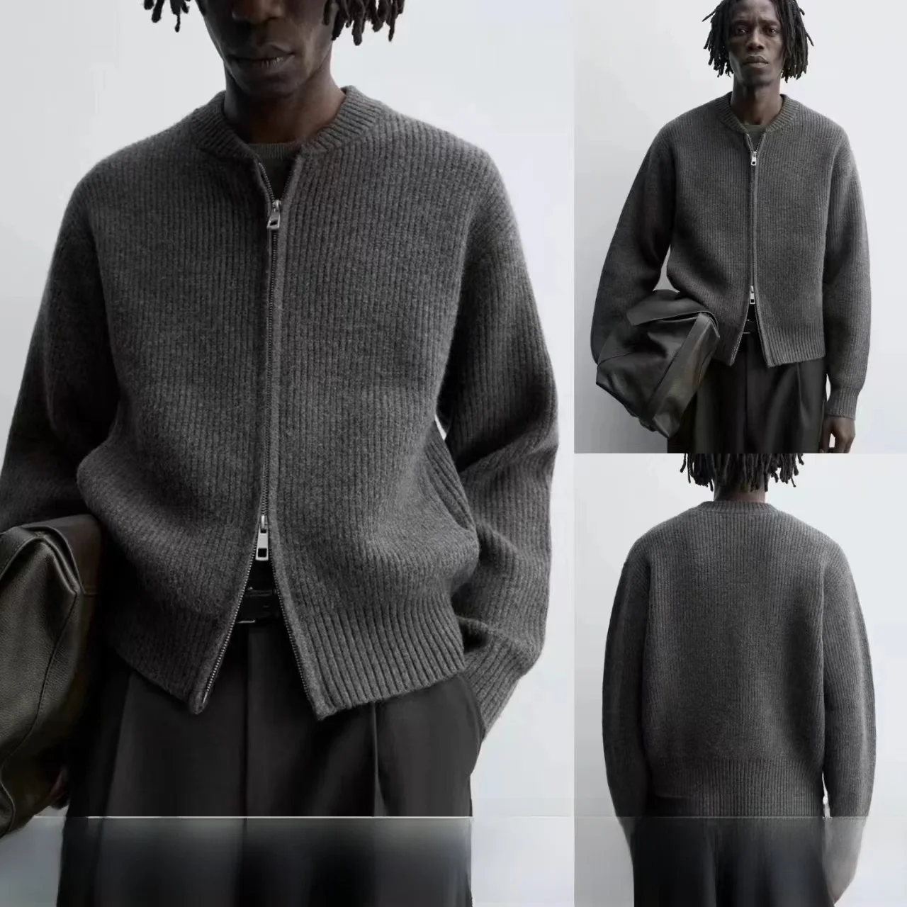 

Loose Structure Knitted Zipper Pilot Jaet Open Cardigan Sweater Coat Men Casual Long Sve round Ne Warmth Outdoor