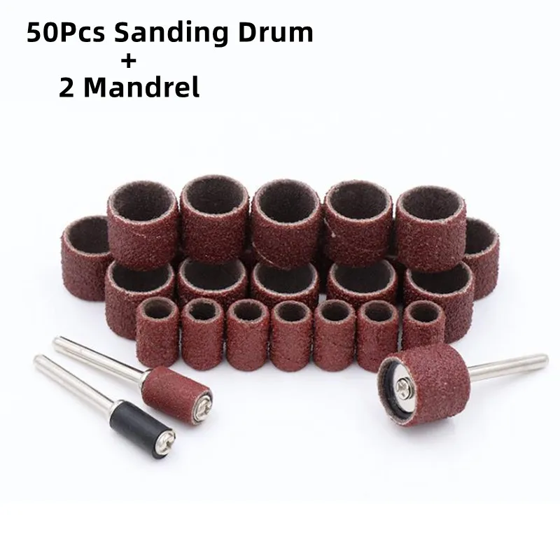 

52pcs/set 80 120 150 180 240 320 400 600 Grit Drum Sanding Kit 2.35/3.17mm Sand Mandrels Fit for Dremel Nail Drill Rotary Tools