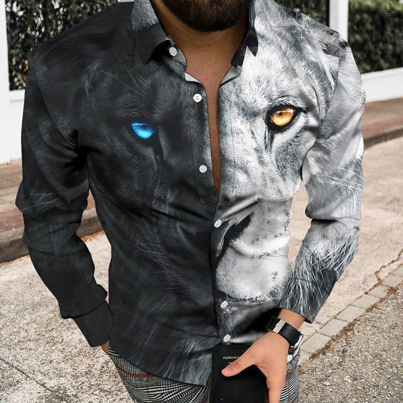 Men's Personalized Poker Print Patchwork Shirt, Outdoor Street Style Casual Fashion Long-Sleeved Lapel Shirt, Trendy Men's Top