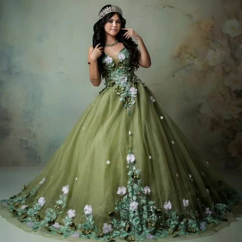 فستان Quinceanera باللون الأخضر الزيتوني عاري الكتفين ثلاثي الأبعاد على شكل زهرة وذيل طويل فيستدوس دي 15 Quinceanera تخصيص #3