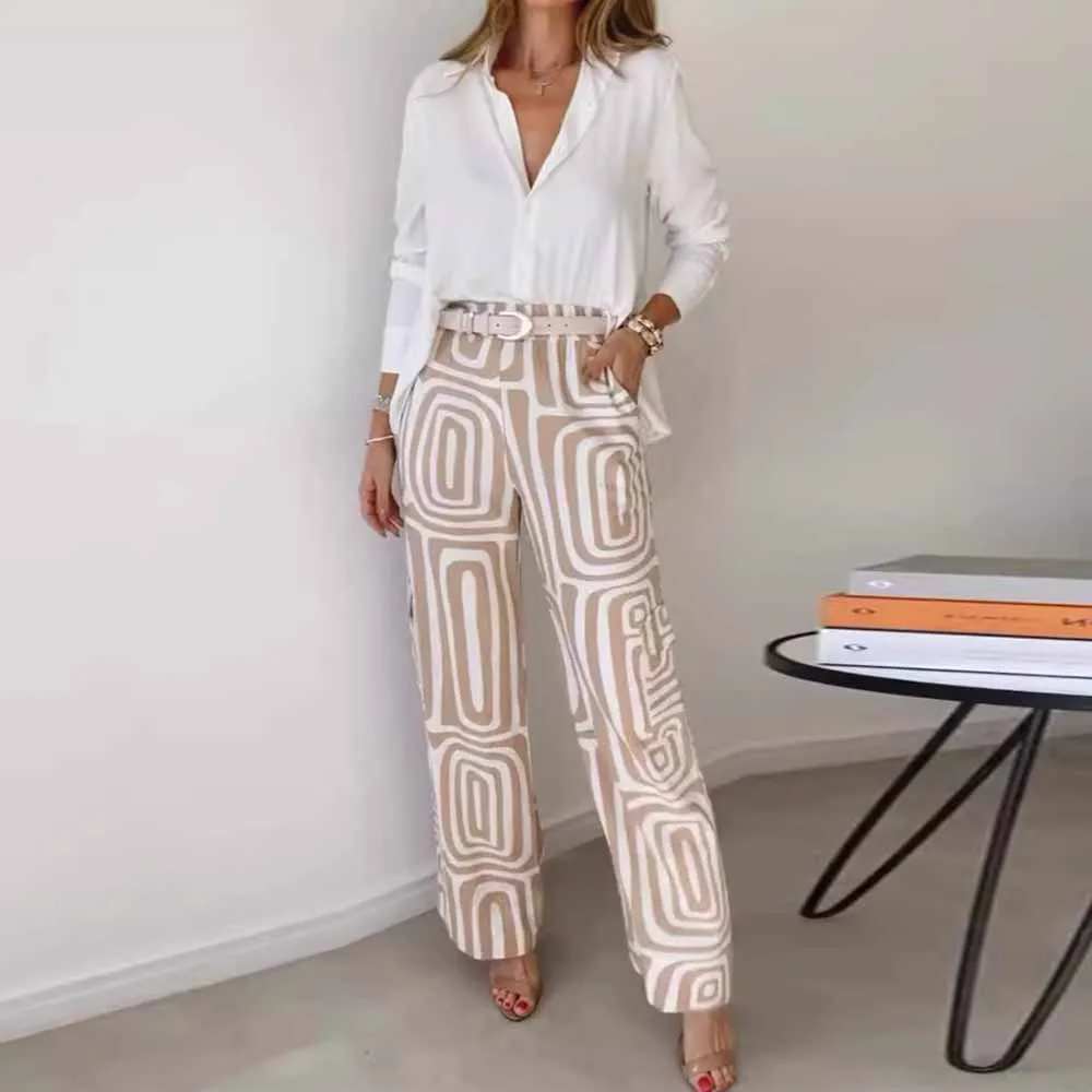 Women Print Two Piece Pant Sets Wide Leg Pants Office Blouse White Shirts Tops 2 Piece Set Office Loose Outfits With Belt