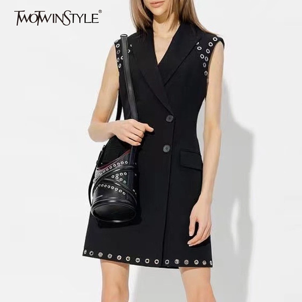 

TWOTWINSTYLE Solid Slimming Dresses for Women Lapel Sleeveless Patchwork Single Breasted Temperamet Dress Female Clothing New