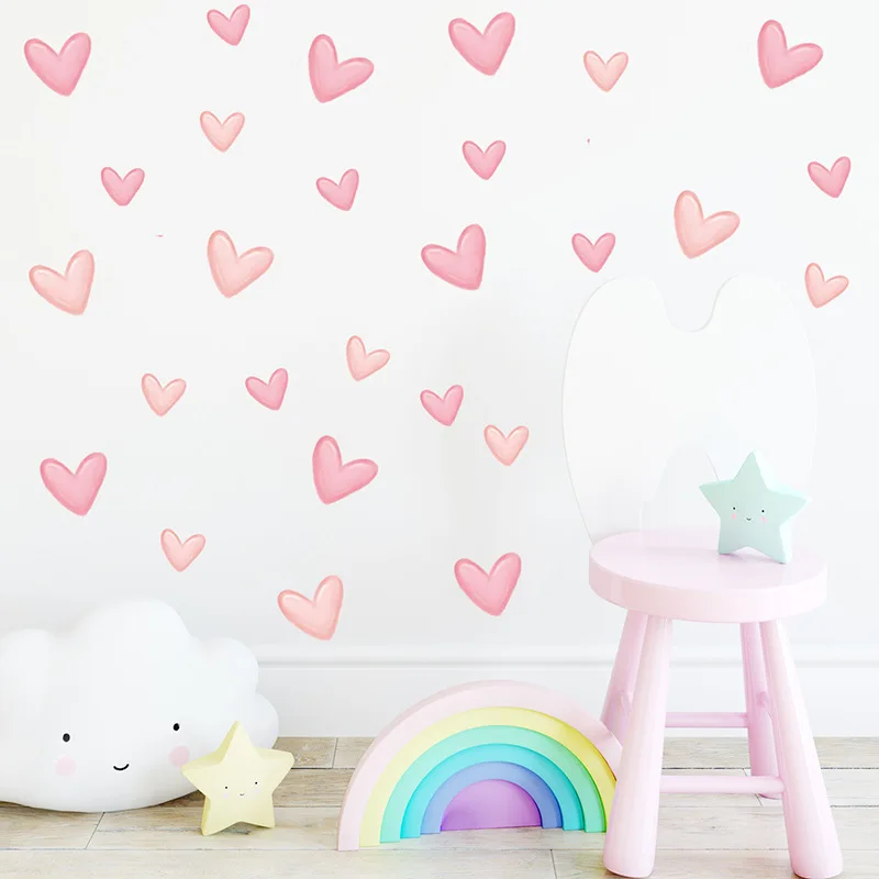 60pcs/set Soft Pink Big Small Heart Shape Wall Stickers for Living Room Bedroom Kids Room Nursery Room Wall Decals Home Decor