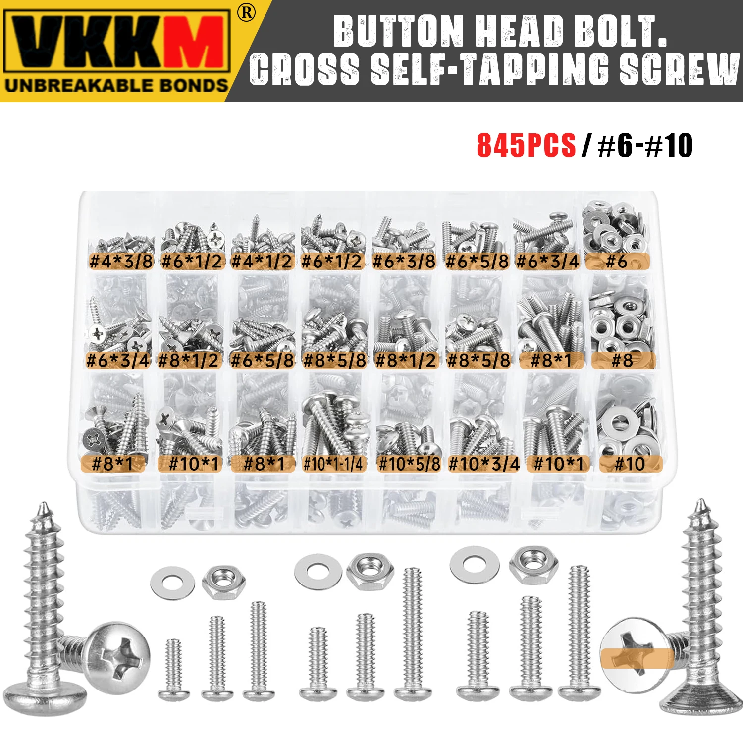 845Pcs Bolt Sorting Kits, Stainles Steel Bolt and Nut Kits, Sorting Screws SAE Machine Screws and Nuts with Self-drilling Screws