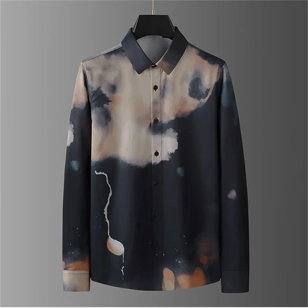 قميص مطبوع فاخر للرجال بأكمام طويلة قميص كاجوال نحيف عالي الجودة موضة الشارع مقاس كبير جدًا ملابس رجالية بدون حديد