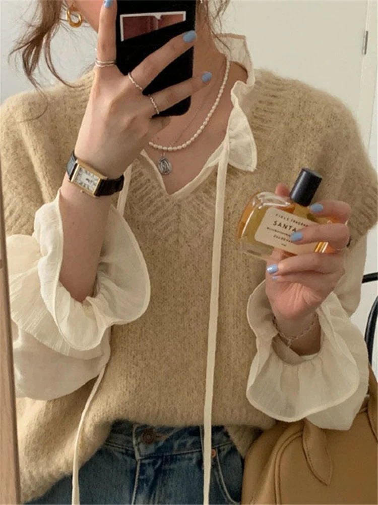 

Loose Svel V-Ne Knitted Vest Women's Inner Wear Layering Tank Top Outerwear Autumn Winter Korean Sle Lazy Sle Swe...