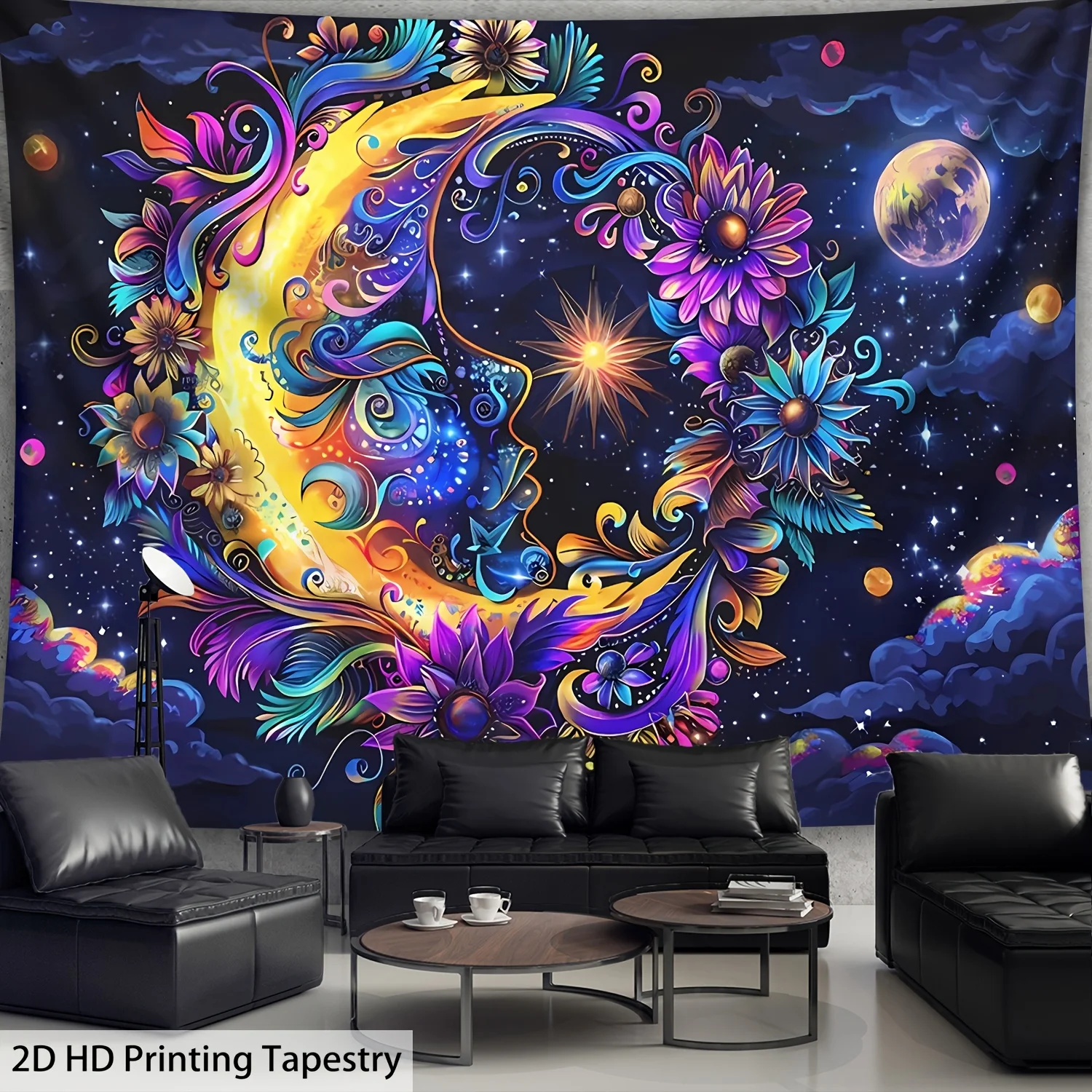 Bohemian Galaxy Moon Tapestry Wall Hanging Cosmic Floral Art Printing Decoration for Bedroom Living Room Home Decor