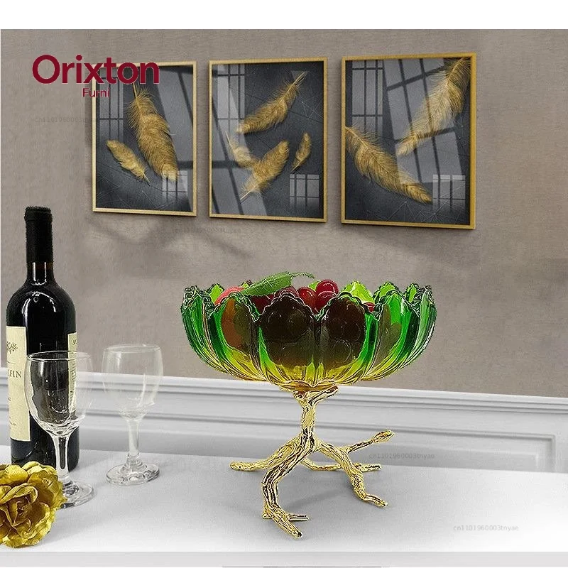 Green Glass Fruit Plate Metal Branch Bracket Transparent Fruits Tray Bowl Desktop Snacks Candy Storage Basket