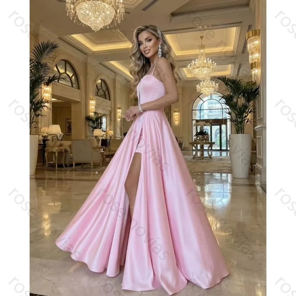 

Customized Pink Satin Evening Dresses A-line Slit Sexy for the Floor-Length High Quality for Bespoke Occasion Party Dress
