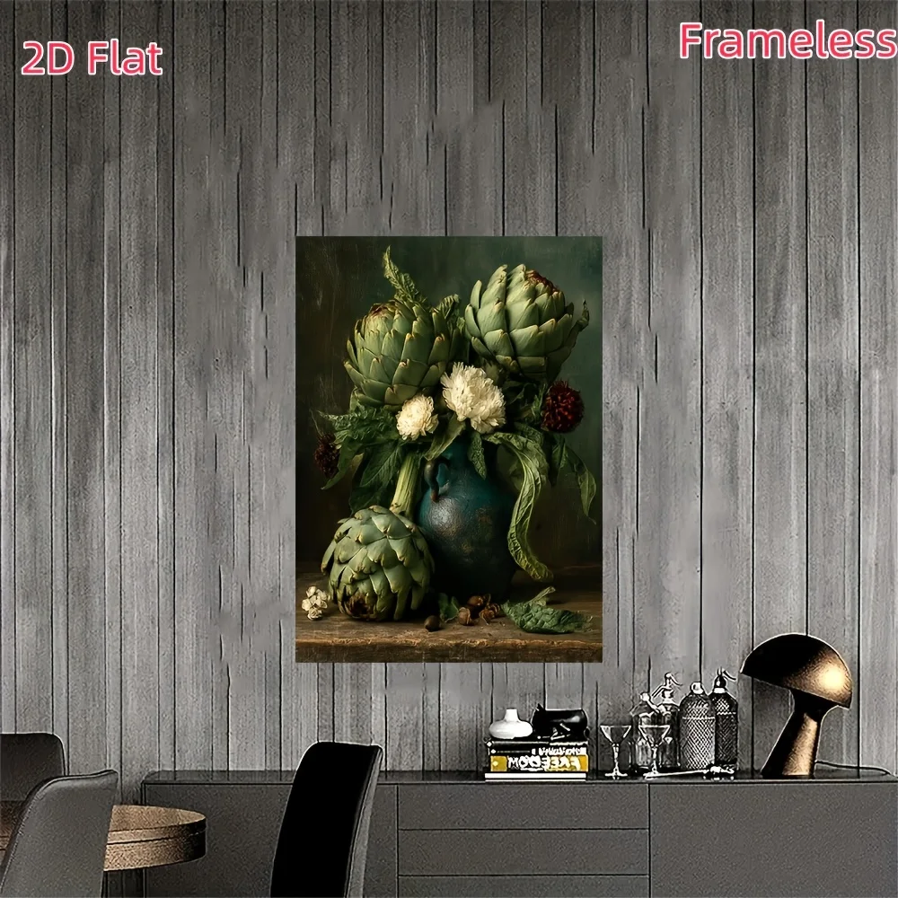 Vintage Botanical Artichoke Still Life Canvas Print - Dark Moody Vegetable Art Poster, Frameless Kitchen Wall Decor Suitable for