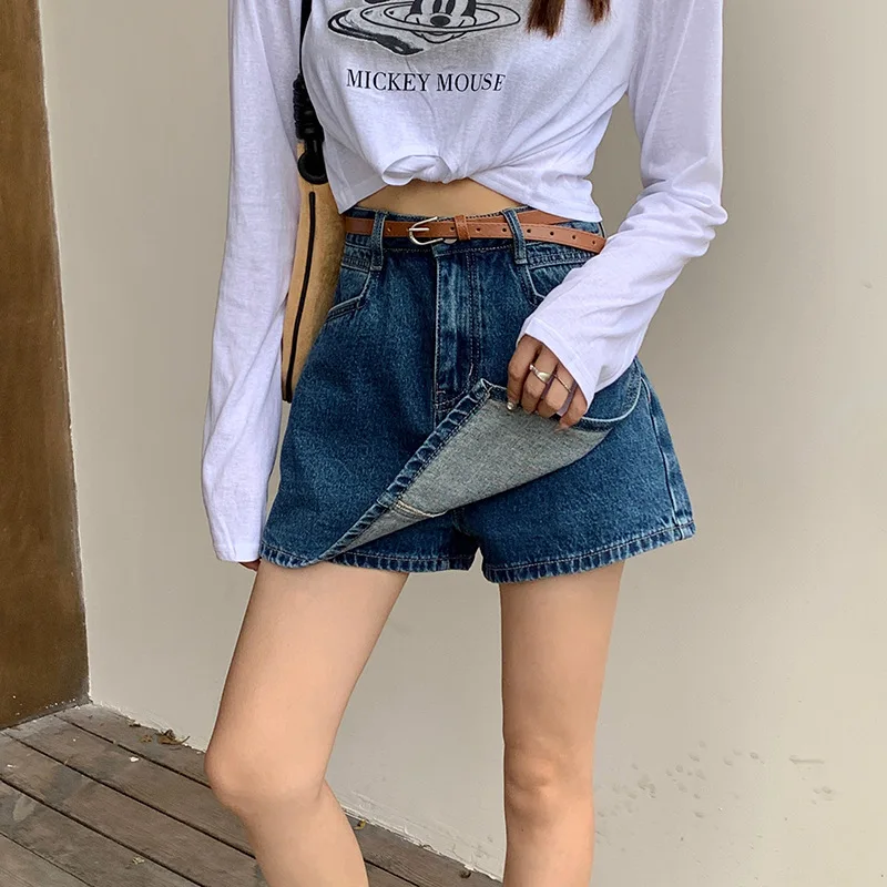 Retro Hot Girl Denim Skirts Women's Fake Two-piece High-Waisted Slim Skirts with Belt