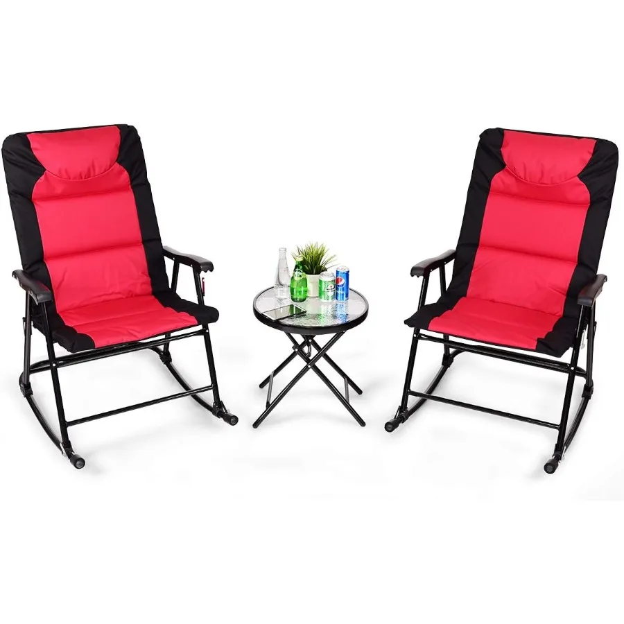 

3 PCS Folding Bistro Set Outdoor Patio Rocking Chairs Round Table Set 2 Rocking Chairs w/Glass Coffee Table for Yard Patio Deck