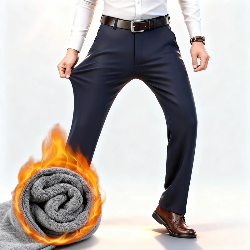

2025 Mid Age Mens Pants Winter Thermal Dress Trousers Thick Warm Business Casual Office Wear Elastic Waistband Plus Size 40