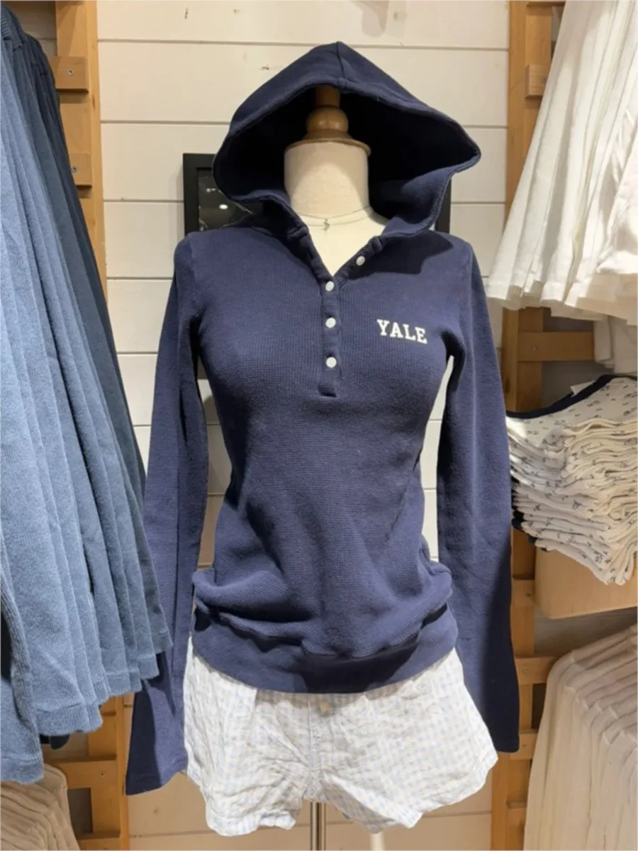 Letter Print Navy Hooded Cotton T-shirt Women Five Button Slim Waffle Long Sleeve Tee Shirt Casual Streetwear Vintage Tshirt Y2k